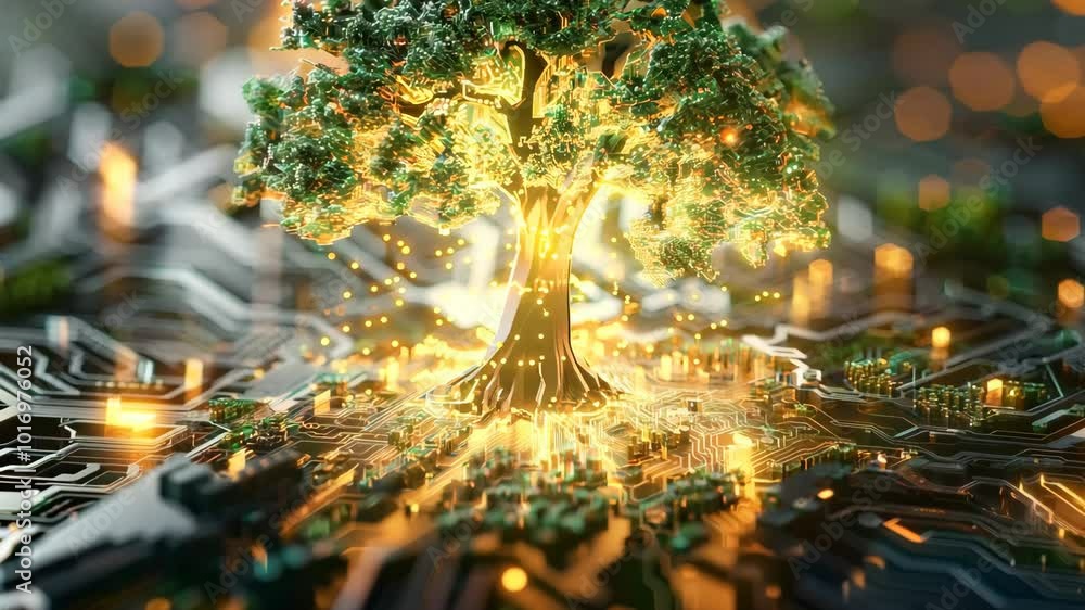 Poster a tree is growing out of a computer chip. the tree is surrounded by a glowing, artificial environmen