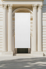 Fototapeta premium Empty Vertical Rectangle White Banner Mockup Hanging from Building | Blank Advertising Space for Custom Branding and Outdoor Display