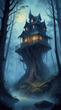 Spooky Haunted Cabin in a Tree in the Woods Landscape, Vertical Wallpaper Background Illustration, in Concept Art Style