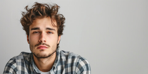 Fototapeta premium Thoughtful Young Man in Casual Attire with Curly Hair Against a Neutral Background