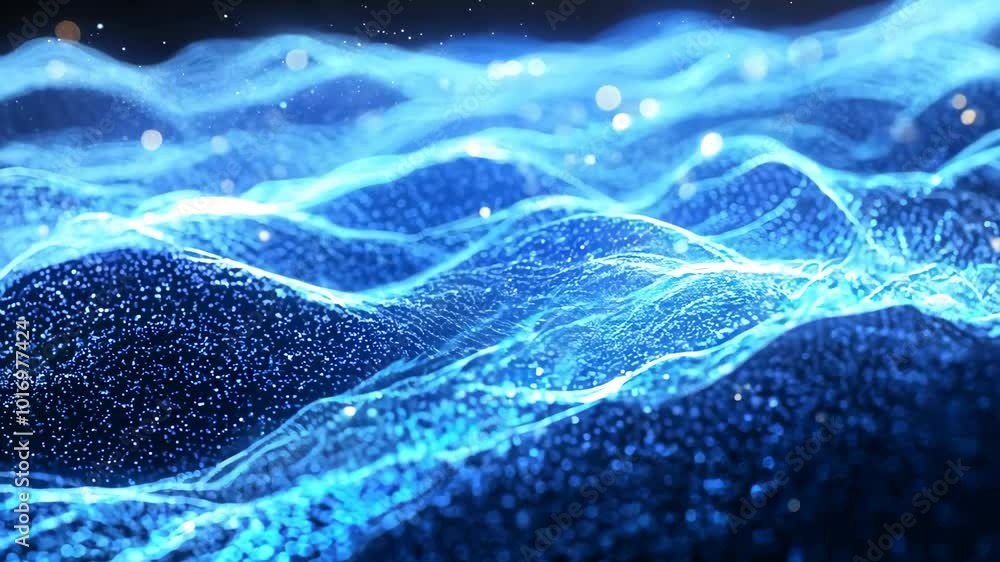 Poster a blue wave with a lot of sparkles on it. the sparkles are scattered all over the wave, giving it a 