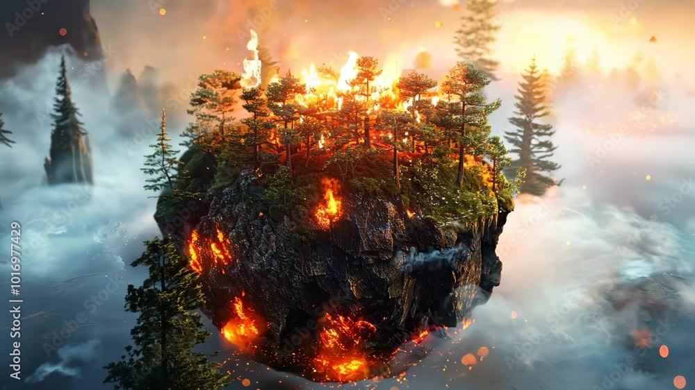 Poster a small planet with a forest on it is surrounded by fire. the fire is so intense that it is almost a