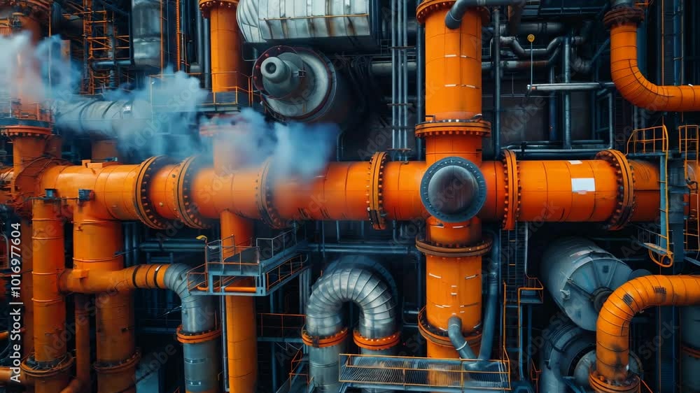 Poster a close up of a large orange pipe with many other pipes branching off of it. concept of complexity a