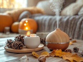 Cozy autumn home atmosphere with aroma diffuser and decor