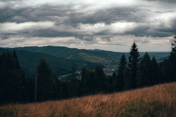 Dark, moody clouds gather over the horizon, while fields of tall grass frame the view of distant mountains. A scene that captures the power and beauty of nature.