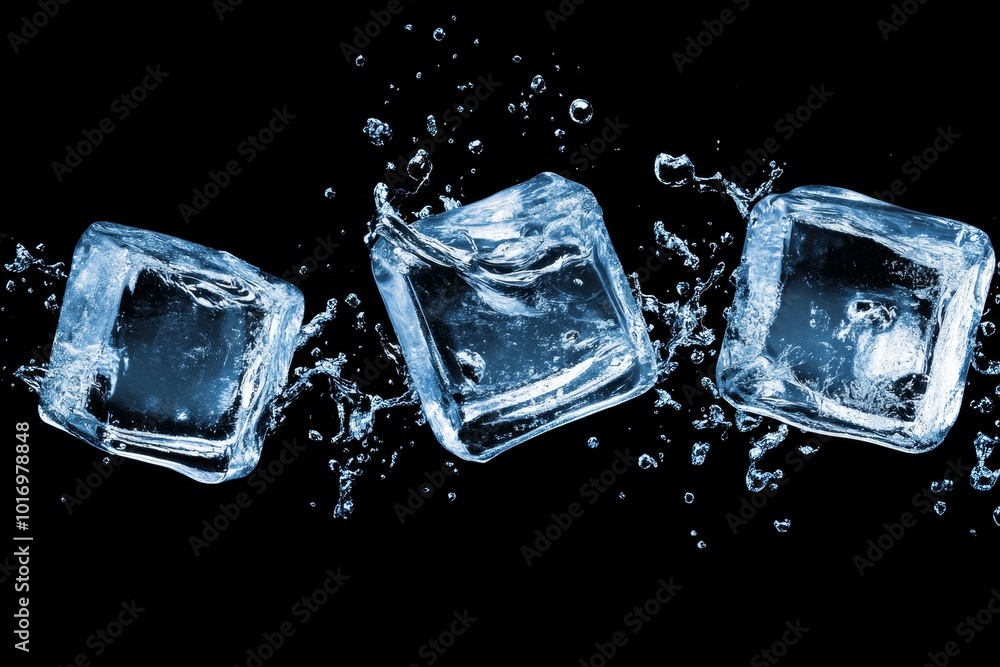 Poster three ice cubes splash into water against a black background, creating dynamic movement and clear dr