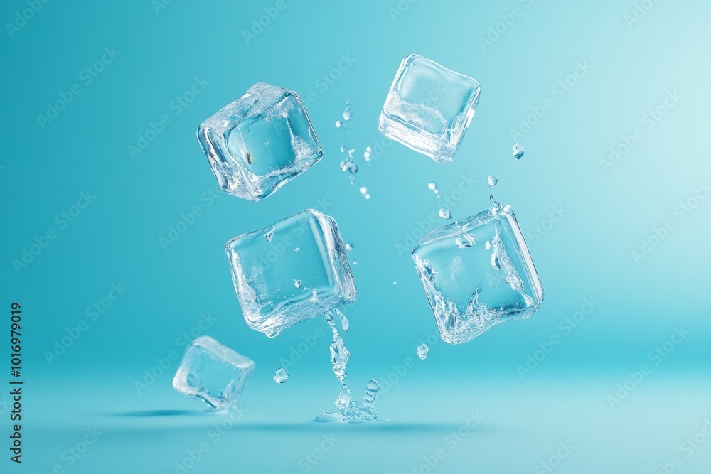 Poster clear ice cubes splashing in water against a vibrant turquoise background, creating a refreshing vis