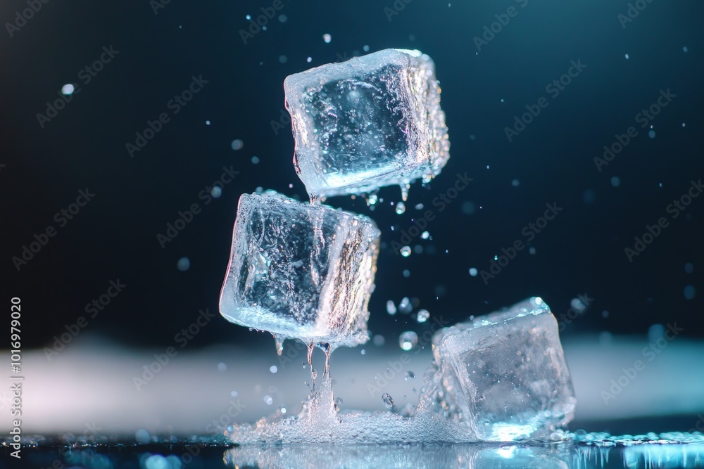 Poster three ice cubes suspended in mid-air with droplets splashing around them in a dark environment illum