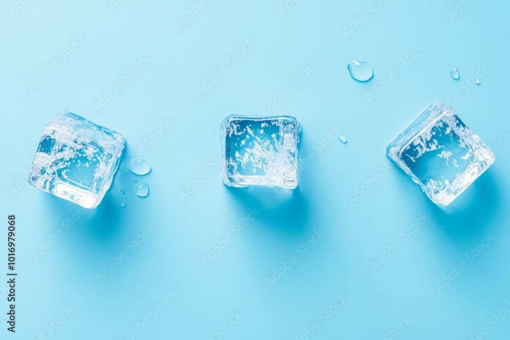 Poster three ice cubes melting on a blue surface, creating droplets of water in a fresh and cool setting