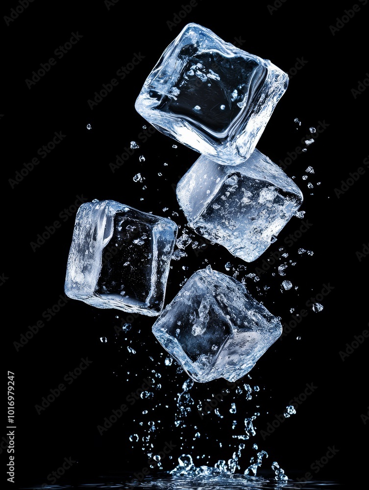 Poster frozen ice cubes splash in the air, creating dynamic water droplets in a black background setting