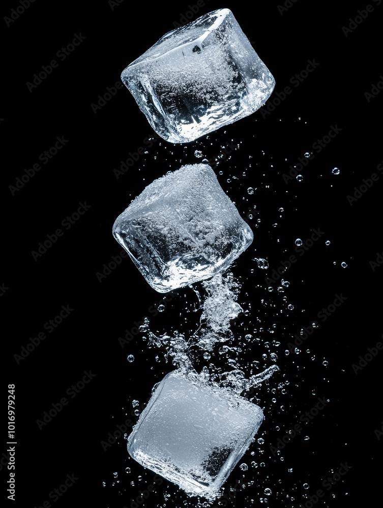 Poster falling ice cubes create bubbles in a splash against a dark background during a beverage preparation