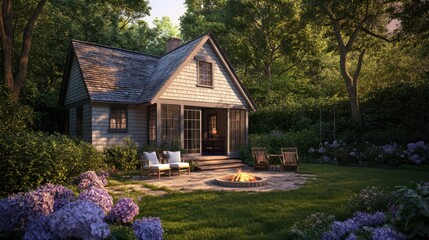 Cape Cod style cottage with iconic weathered shingles, surrounded by blooming hydrangeas and a cozy fire pit area.