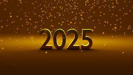The golden number 2025 stands out on a shimmering gold background with glowing particles falling around it. The bright, sparkling particles enhance atmosphere, symbolizing hope for the New Year