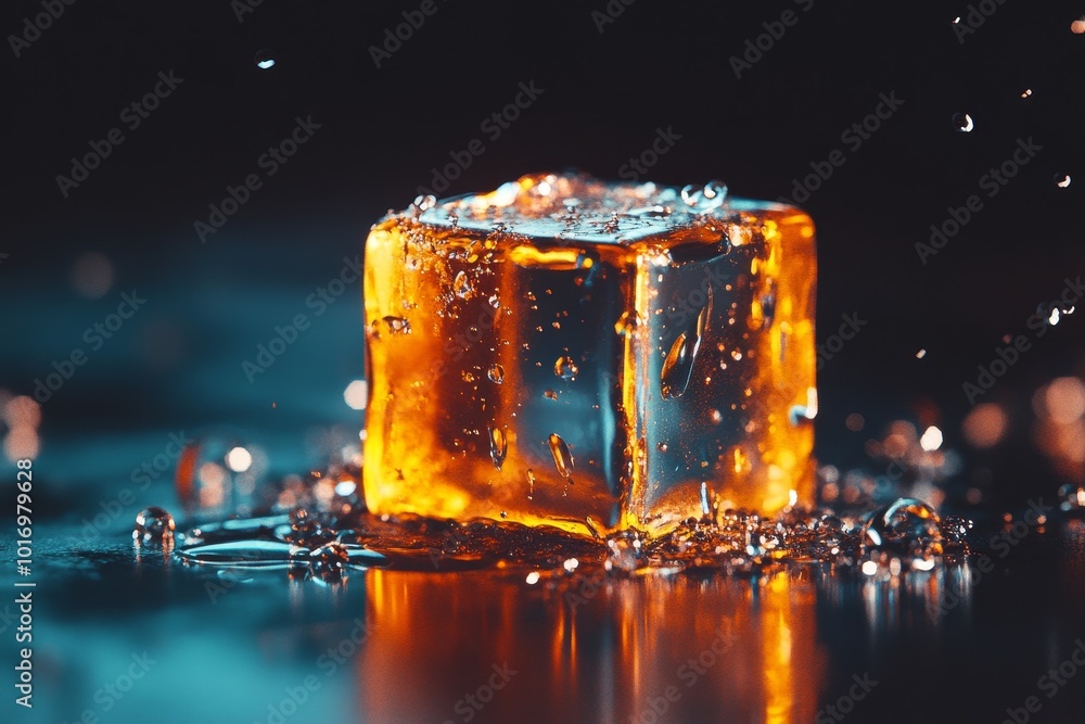 Poster A close-up of a vibrant orange ice cube melting in water, creating droplets and reflections in a dimly lit setting