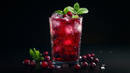 Cranberry cocktail with ice and mint leaves on dark background