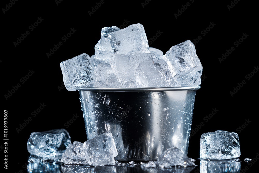 Poster a bucket filled with ice cubes resting on a reflective surface against a black background showcasing
