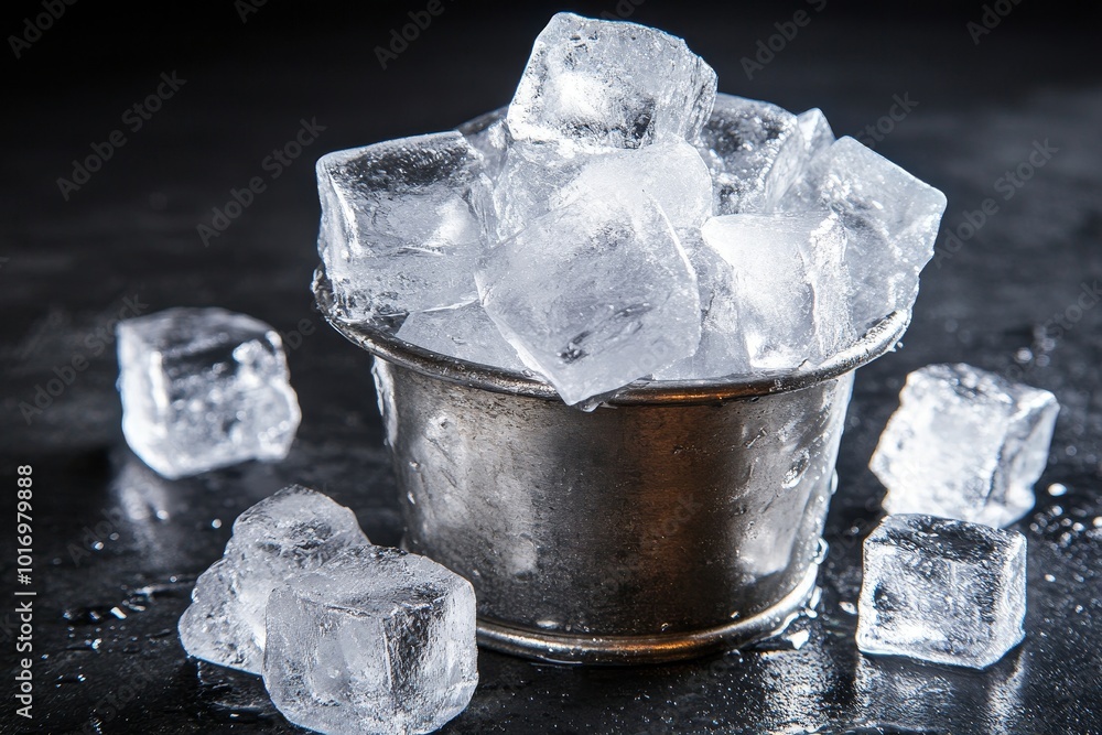 Poster a bucket filled with clear ice cubes on a dark surface, creating a refreshing appearance in a cool b