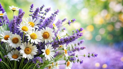 Floral Background Featuring a Bouquet of Lavender and White Daisies with Elegant Arrangement