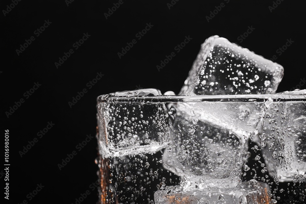Poster Clear glass filled with ice cubes and sparkling water against a dark background in an elegant setting