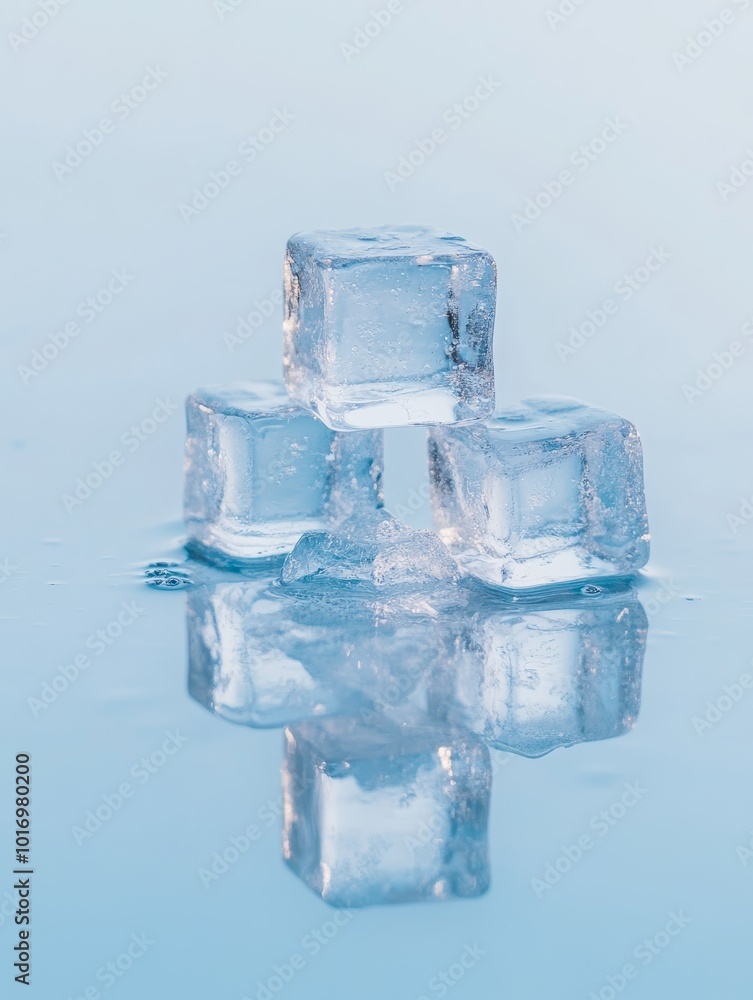Poster ice cubes stacked on a reflective surface with a soft blue background creating a serene and cool atm