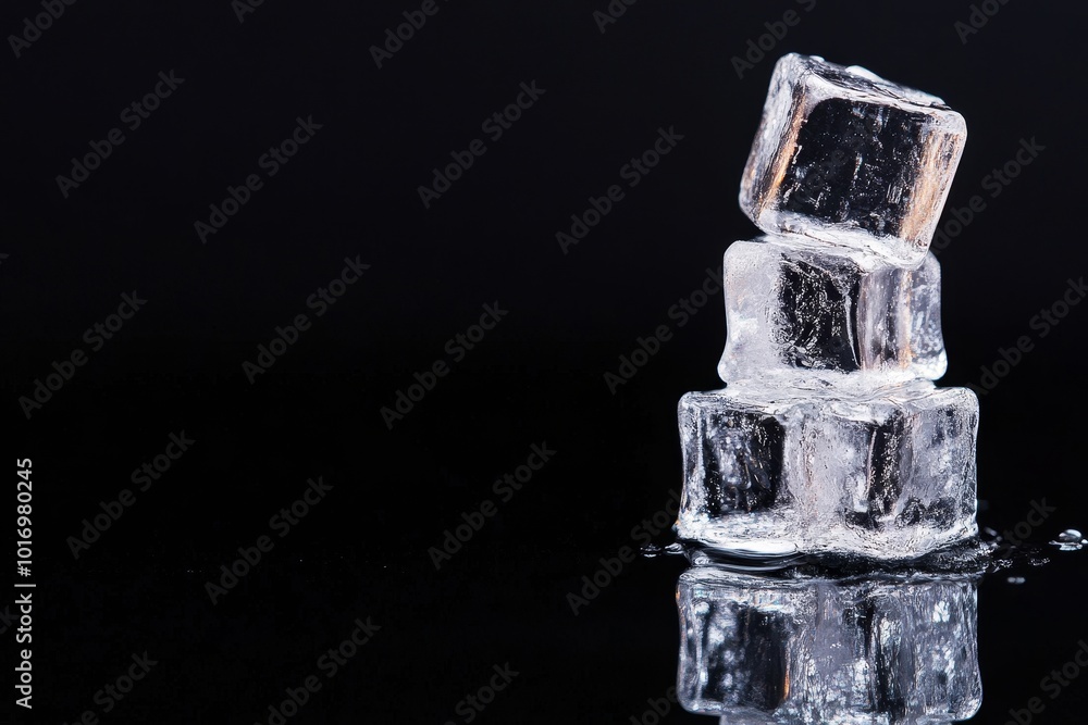 Poster stack of ice cubes reflecting on a dark surface with droplets, showcasing a minimalistic and cool ae