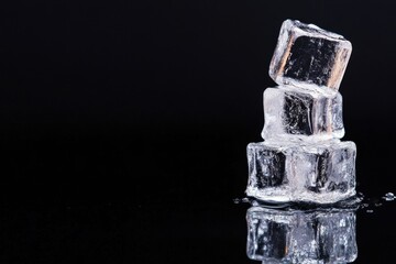Stack of ice cubes reflecting on a dark surface with droplets, showcasing a minimalistic and cool aesthetic conveyed through simplicity