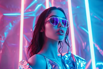Trendy woman in futuristic neon lighting with sunglasses