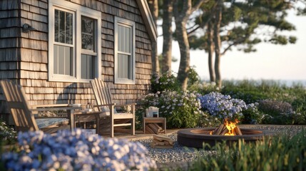 Close-up of a Cape Cod style beach cottage with weathered shingles, blooming hydrangeas, and a cozy fire pit.