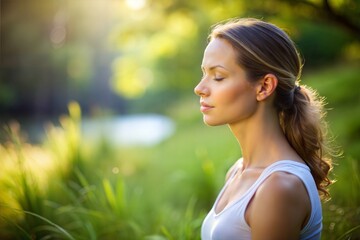 Naklejka premium Woman peaceful meditation in lush green forest