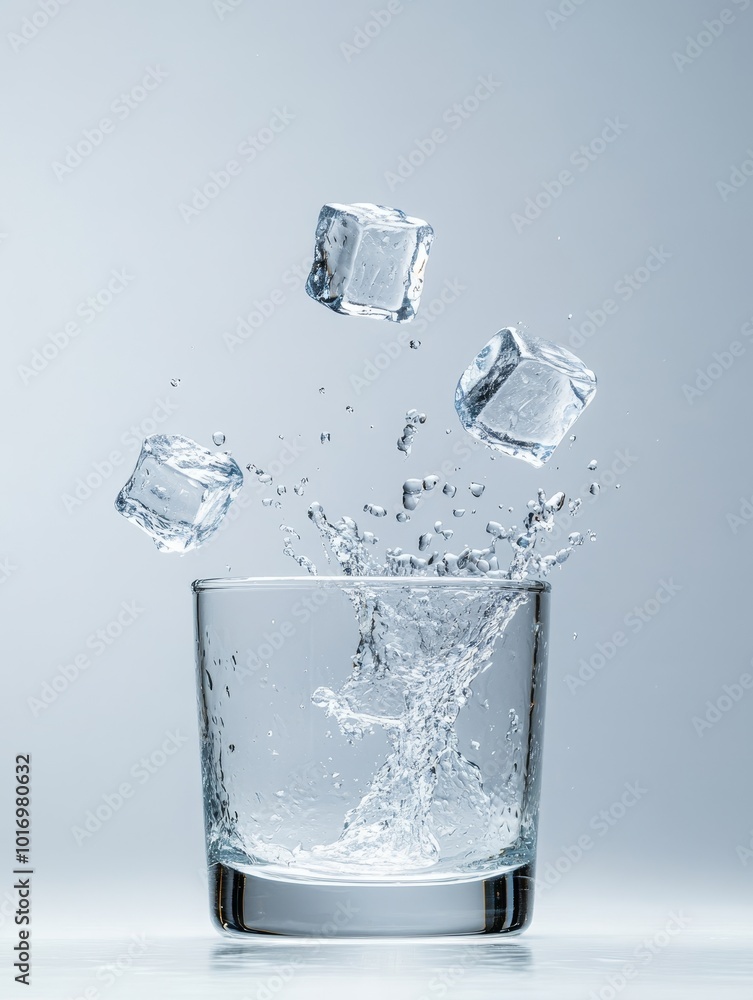 Poster ice cubes splash dramatically into a clear glass filled with water on a light background in a dynami
