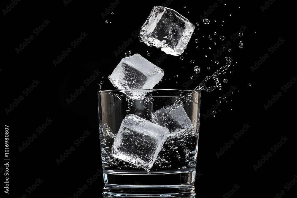 Poster ice cubes splash dramatically into a glass filled with water against a dark background, creating a r