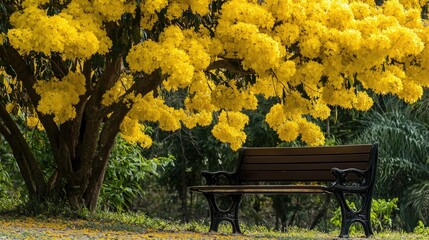 Naklejka premium Vibrant Yellow Flowers Under a Shady Bench