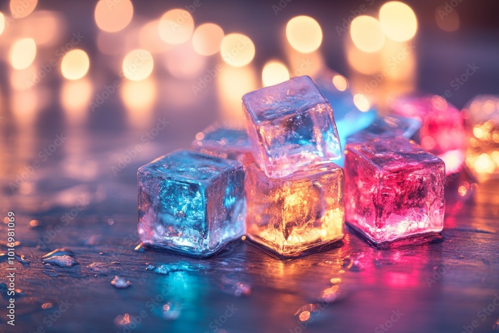Poster colorful ice cubes resting on a reflective surface with blurred lights in the background during a fe