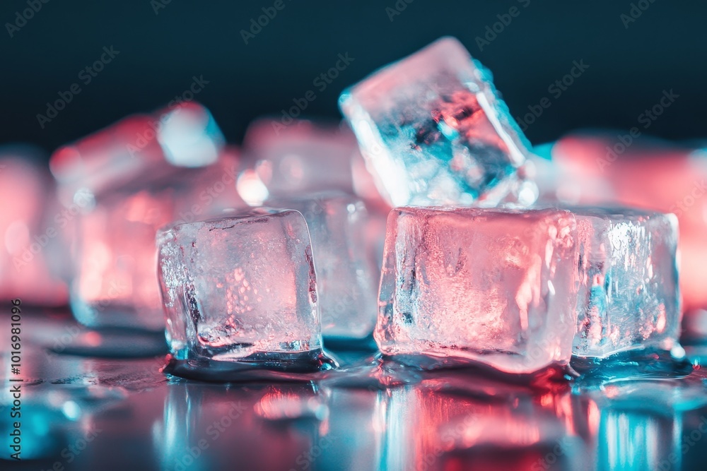 Poster colorful ice cubes glisten with vibrant lighting on a reflective surface, creating a visually striki