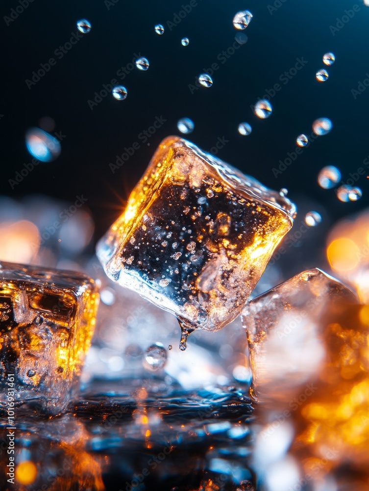 Poster cubes of ice splashing in crystal clear water under warm lighting, creating a dynamic and refreshing