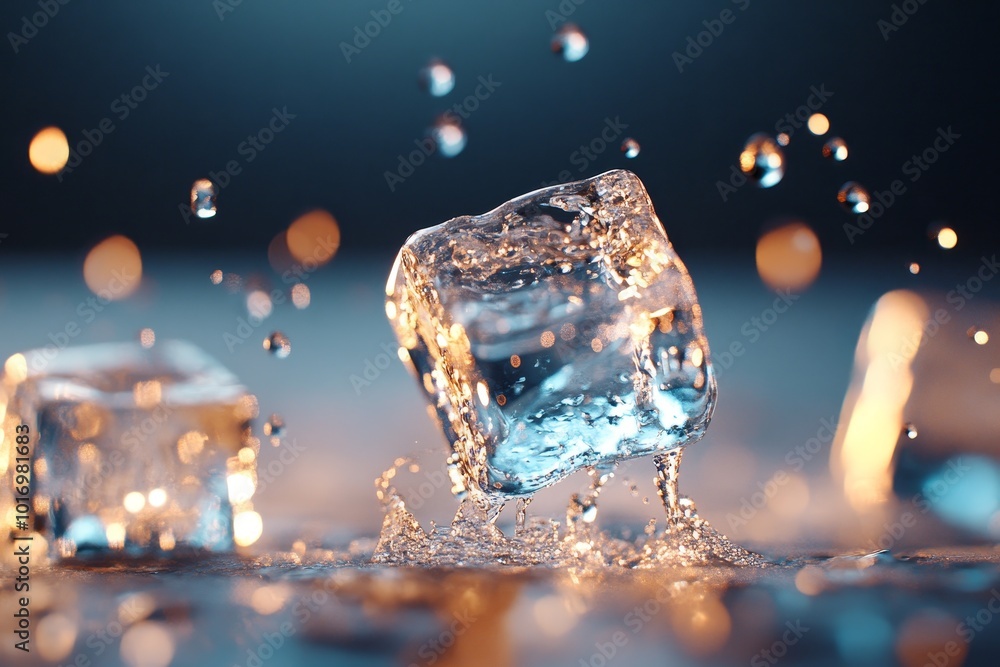 Poster a dynamic display of ice cubes splashing water amidst glimmering reflections in a softly lit setting