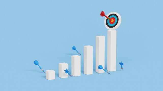 Every failure is a step to success. Big achievement, business growth process, steady growth, winning or challenge concept. 3D archery target on bar graph and missed arrows around it. 4K 3D animation