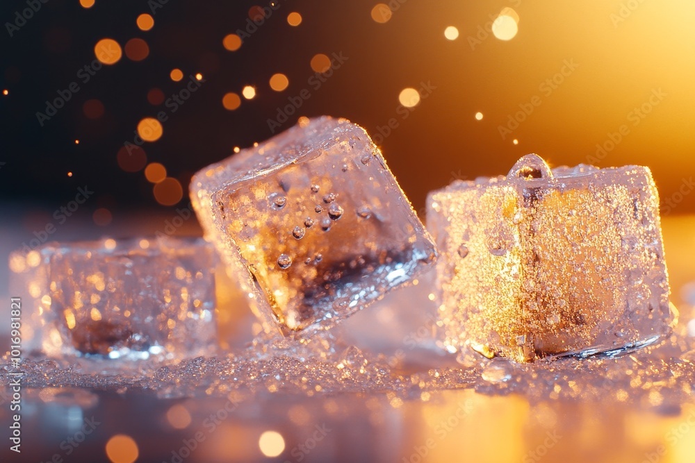 Poster close-up of melting ice cubes with sparkling bubbles and warm golden light creating a vibrant atmosp