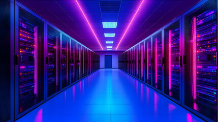 Neon Lights Illuminate Server Room Corridor - 3D Illustration