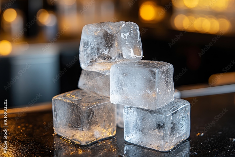 Poster clear ice cubes stacked on a bar counter illuminated with warm lighting in a bustling lounge atmosph
