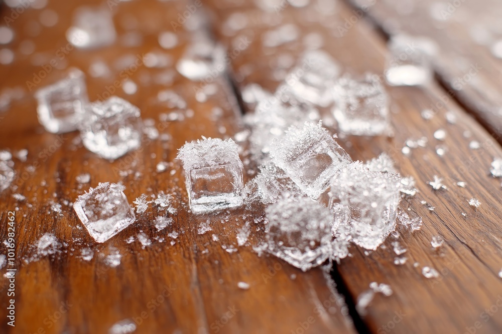 Poster melting ice cubes scattered on a wooden table during a summer day creating a refreshing atmosphere