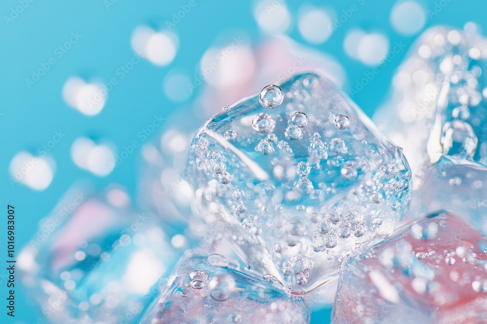 Poster close-up of sparkling ice cubes with bubbles on a vibrant blue background creating a refreshing and 