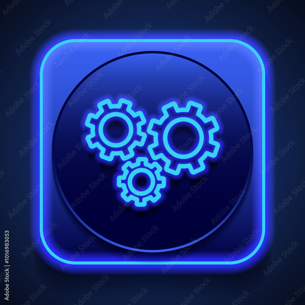 Poster gears simple icon vector. flat design. blue neon style on button. with shadow