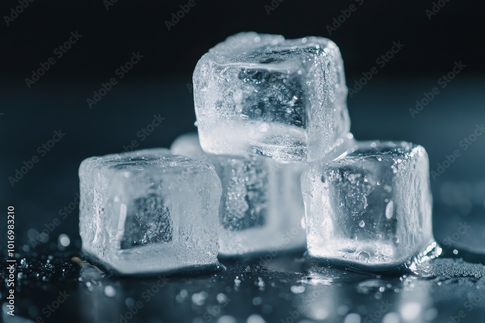 Poster clear ice cubes stacked on a reflective surface create an elegant display in a dimly lit setting