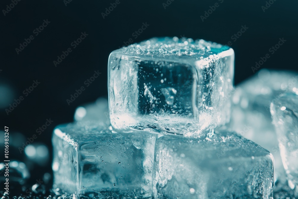 Poster clear ice cubes glistening with droplets of water on a dark surface, creating a refreshing and cool 