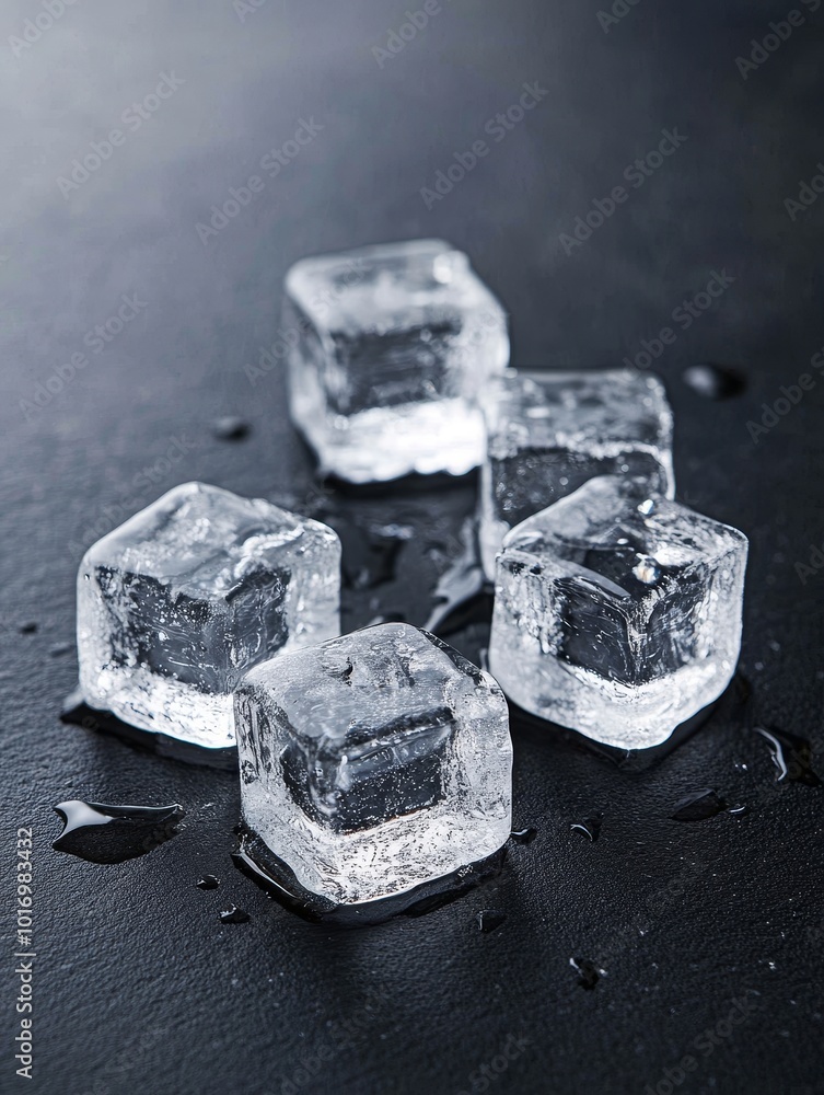 Poster clear ice cubes scattered on a dark surface with droplets of water creating a refreshing ambiance