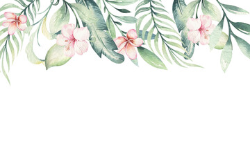 Hand drawn watercolor tropical flower background. Exotic palm leaves, jungle tree, brazil tropic botanical decoration botany elements and flowers. Perfect for fabric design. © kris_art