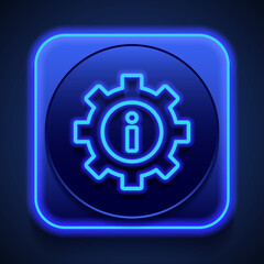 Gear vector, simple icon. Flat design. Blue neon style on button. With shadow