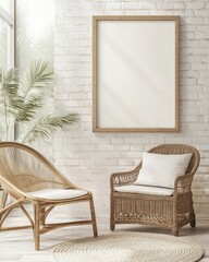 Coastal Home Interior with Rattan Furniture and Empty Wall in Australian Hampton Style Design