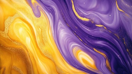 Fototapeta premium Vibrant Liquid Swirls in Golden Hues on Elegant Violet and Yellow Background